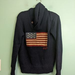 Polo Ralph Lauren Blue Vintage RL '67 American Flag Cowl Neck Sweater Small